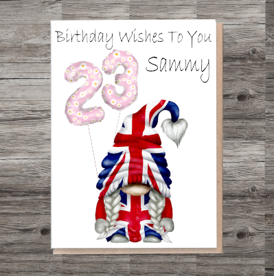 Union Jack Gnome Age Birthday Card, Card for 23rd Birthday